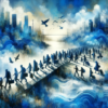 DALL·E 2024-01-29 16.11.06 – An artistic representation of human migration to another country, predominantly in shades of blue. The image features a group of people, diverse in ag