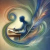 DALL·E 2024-10-12 18.32.01 – An abstract image featuring a writer, blending with soft, flowing lines in the air. The writer’s figure is lightly outlined, sitting at a desk with a